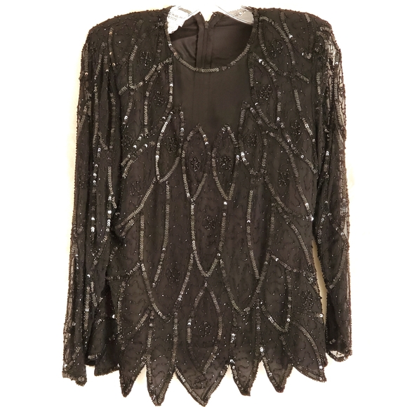 Stenay Petite Small Vintage Beaded Top Silk Sequins Evening Black Long Sleeves - Picture 1 of 9